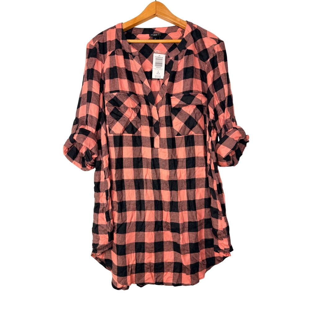NEW Torrid Harper Pullover Blouse Size 2 2X Coral Pink Black Buffalo Plaid Tunic